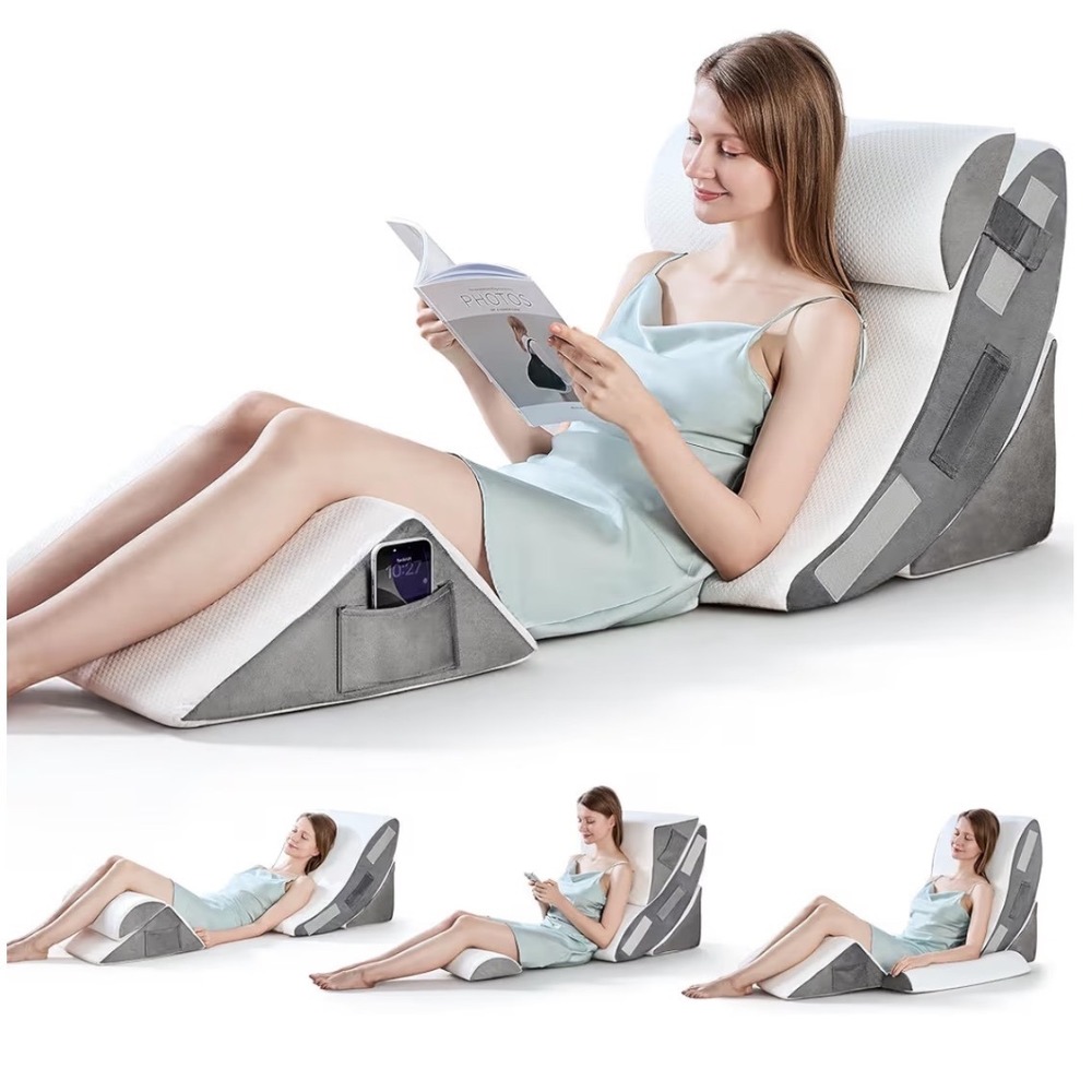 LRGYFA 4PC Adjustable Memory Foam Bed Wedge Pillow Set Post Surgery Gray White